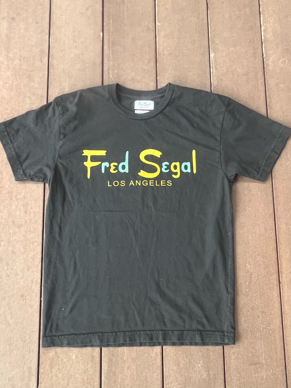 Fred Segal Los Angeles Logo Tee - Black with Yellow & Teal Print size XS
